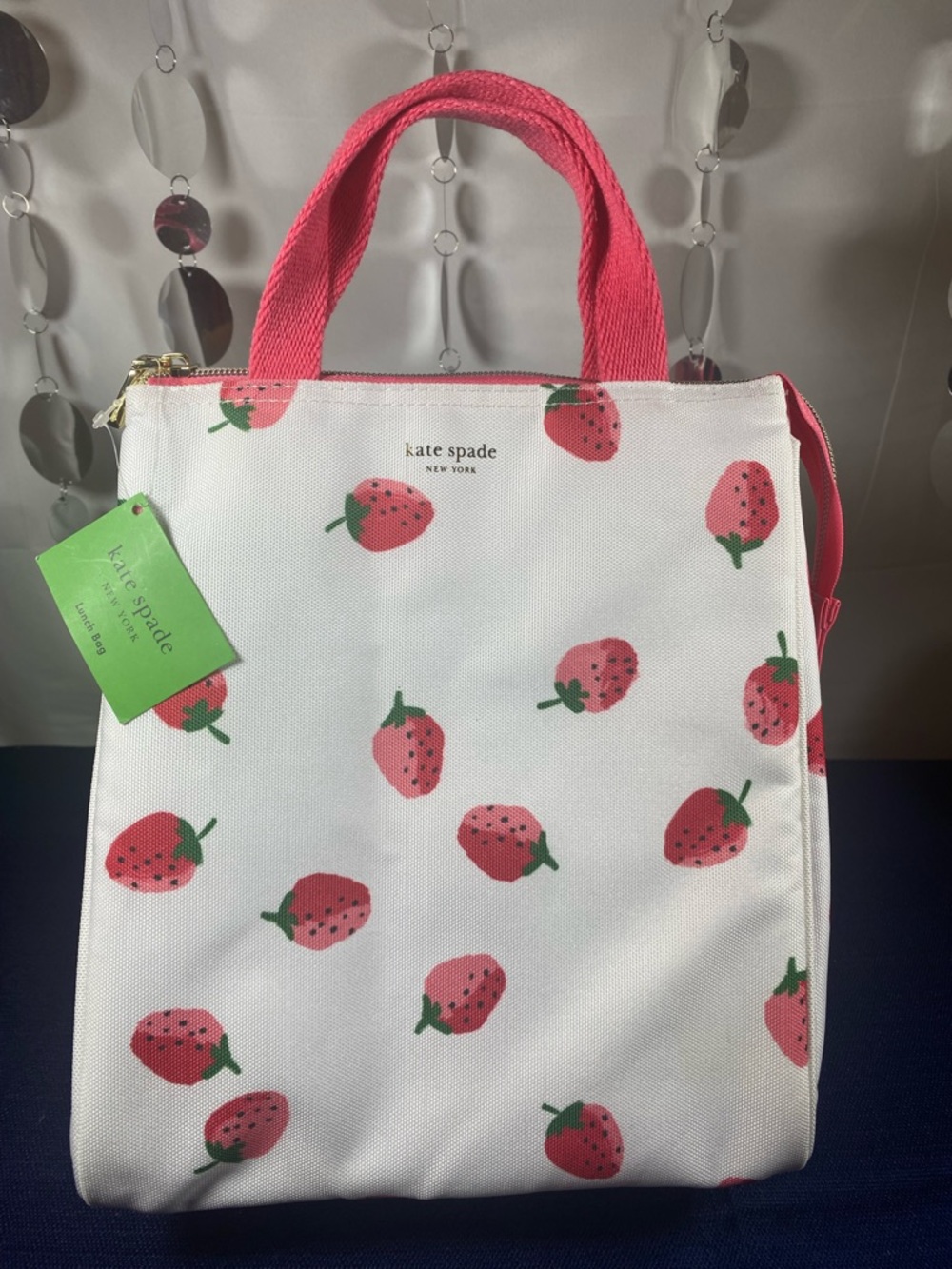Kate Spade ♠️ White Canvas Strawberry Lunch Tote with Pink and Green accents